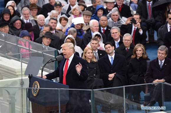 .S. President Donald Trump delivers his inaugural address after he was sworn in as the 45th president of the United States during the presidential inauguration ceremony at the U.S. Capitol in Washington D.C., the United States, on Jan. 20, 2017. (Xinhua/Yin Bogu) 