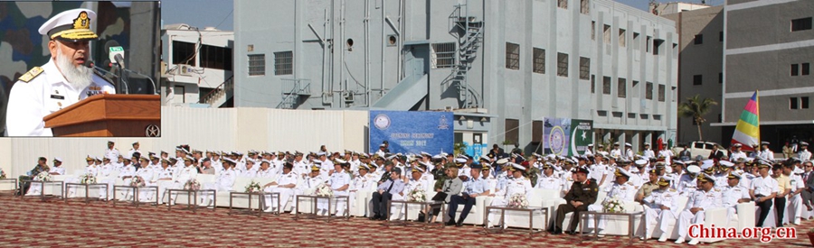 Naval officers and soldiers as well as observers from 37 participating countries attend the opening ceremony of naval exercise AMAN-17 at Pakistan Navy Dockyard in Karachi on Feb. 10, 2017. Commander Pakistan Fleet Vice Admiral Arifullah Hussaini speaks at the ceremony. [Photo courtesy of Pakistan Navy]