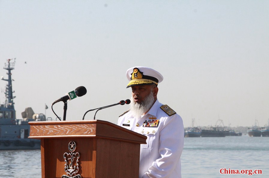  Commander Pakistan Fleet Vice Admiral Arifullah Hussaini addresses the international flag raising ceremony which marks the opening of multinational naval exercise AMAN at Pakistan Navy Dockyard in Karachi on Feb. 10, 2017. [China.org.cn/by Guo Xiaohong]