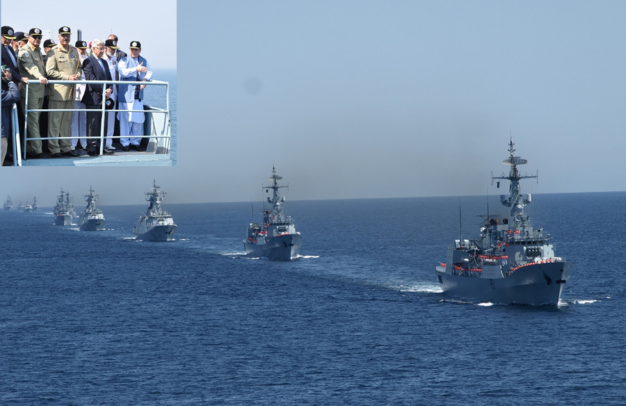The AMAN-17 multinational naval exercise came to its conclusion with spectacular sea maneuvers and fleet review in the North Arabian Sea, Pakistan on Feb. 14. Pakistani Prime Minister Muhammad Nawaz Shari and Pakistan's Navy Chief Muhammad Zakaullah NI watched the AMAN-17 naval exercise together with observers from the 37 participating countries, including China, Pakistan, Russia, Turkey and the U.K. [Photo courtesy of Pak Navy]