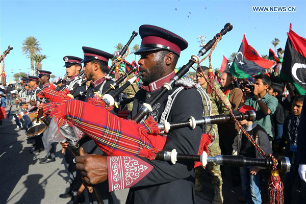 Libyan scouts march marking the sixth anniversary of the Libyan revolution in Tripoli, capital of Libya, on Feb. 17, 2017. (Xinhua/Hamza Turkia) 