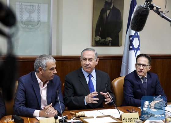 Israeli Prime Minister Benjamin Netanyahu chairs the weekly cabinet meeting in Jerusalem on February 19, 2017. [Photo/Xinhua]