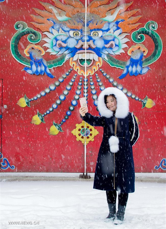 A woman takes a selfie in snow in Hohhot, capital of north China's Inner Mongolia Autonomous Region, Feb. 21, 2017. A cold front brought snowfall to many parts of north China. [Photo/Xinhua]