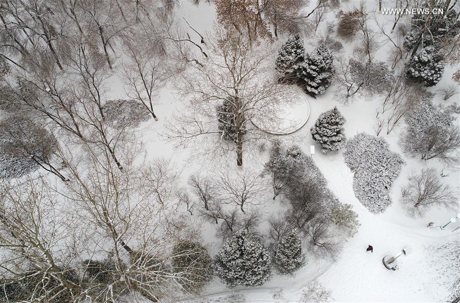 Aerial photo taken on Feb. 21, 2017 shows snow scenery at Zhongshan Park in Yinchuan, northwest China's Ningxia Hui Autonomous Region. [Photo/Xinhua]