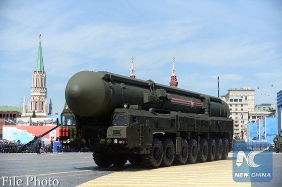 A RS-24 Yars intercontinental ballistic missile system moves on the Red Square during the military parade marking the 70th anniversary of the victory in the Great Patriotic War, in Moscow, Russia, May 9, 2015. [Photo/Xinhua] 