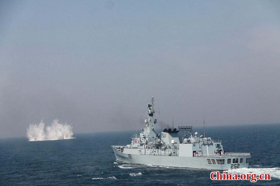 Rocket Depth Charges firing from a Pakistan navy ship. The AMAN-17 multinational naval exercise concludes with a spectacular exercise in the North Arabian Sea off Pakistan on Feb. 14, 2017. [Photo by Guo Xiaohong/China.org.cn]