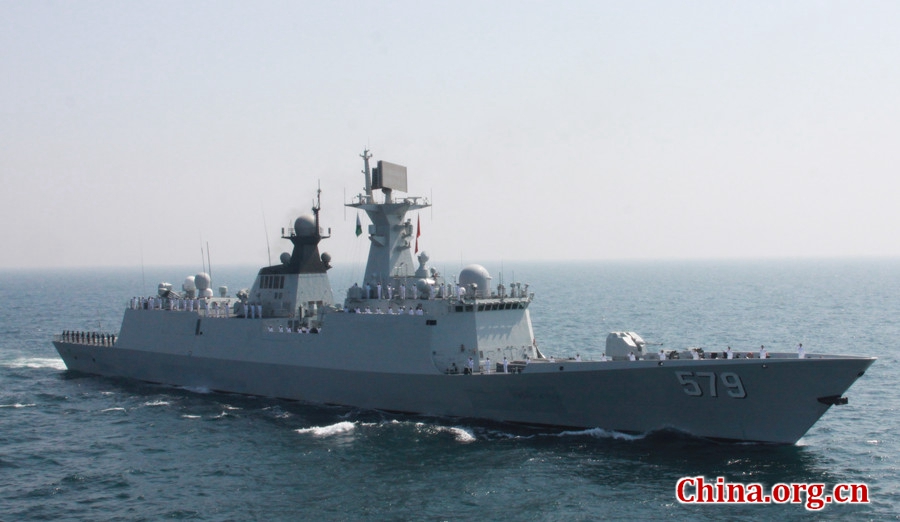 China's guided-missile frigate Handan in AMAN-17 exercise. The AMAN-17 multinational naval exercise concludes with a spectacular exercise in the North Arabian Sea off Pakistan on Feb. 14, 2017. [Photo by Guo Xiaohong/China.org.cn]