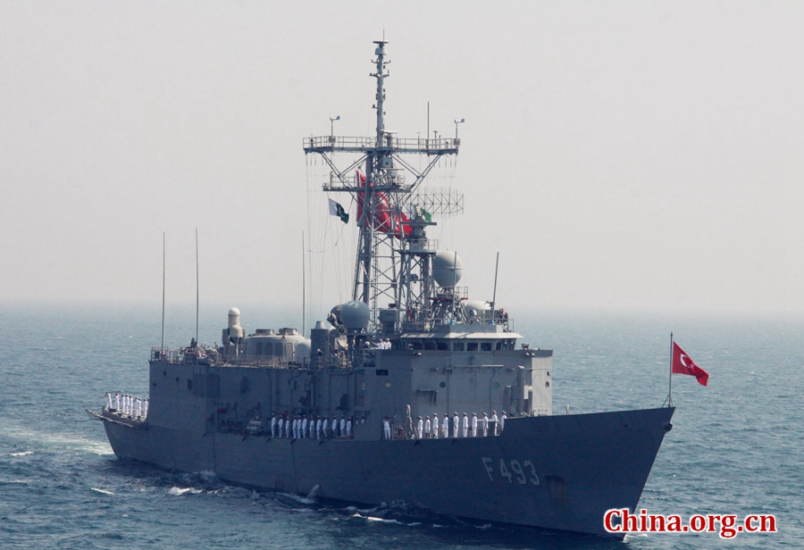 A Turkish frigate in AMAN-17 exercise. The AMAN-17 multinational naval exercise concludes with a spectacular exercise in the North Arabian Sea off Pakistan on Feb. 14, 2017. [Photo by Guo Xiaohong/China.org.cn]