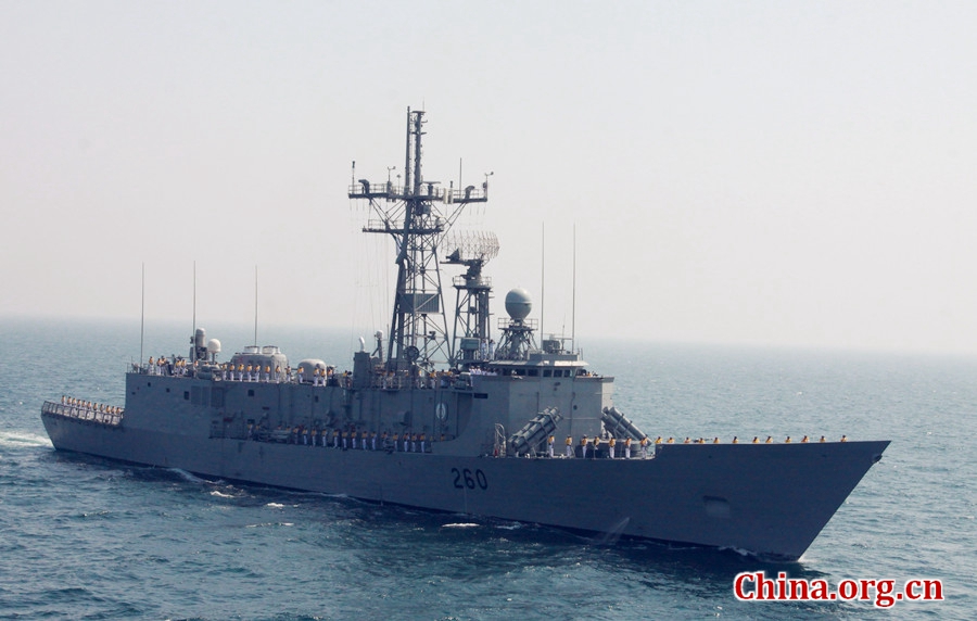 A Pakistan frigate in AMAN-17 exercise. The AMAN-17 multinational naval exercise concludes with a spectacular exercise in the North Arabian Sea off Pakistan on Feb. 14, 2017. [Photo by Guo Xiaohong/China.org.cn]