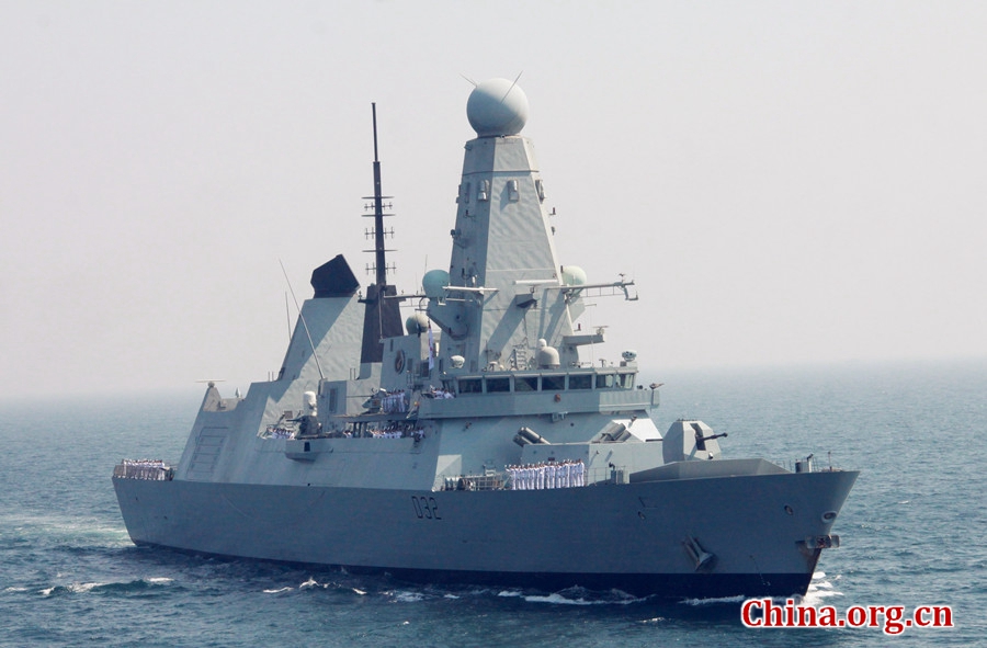 A UK ship in AMAN-17 exercise. The AMAN-17 multinational naval exercise concludes with a spectacular exercise in the North Arabian Sea off Pakistan on Feb. 14, 2017. [Photo by Guo Xiaohong/China.org.cn]