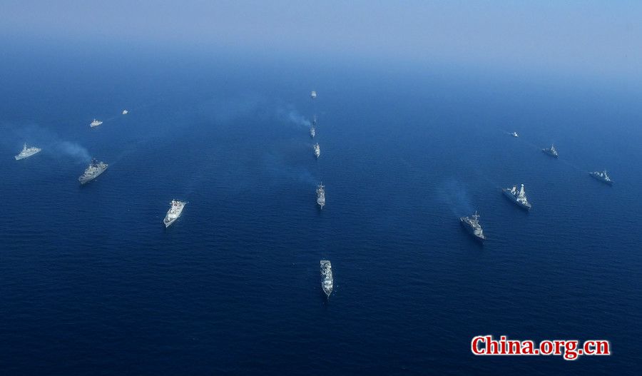Participating navies make an arrow formation at the conclusion of multinational exercise AMAN-17 in North Arabian Sea, Pakistan, on Feb. 14, 2017. [Photo coutesy of Pak Navy]