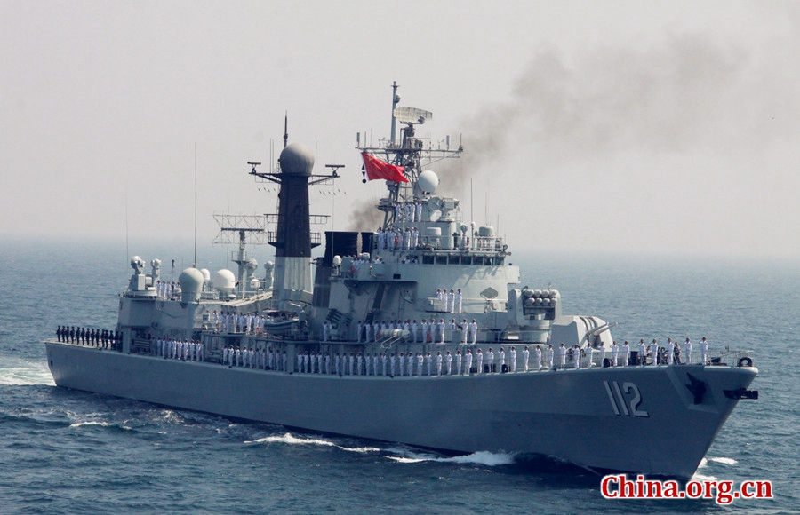 China's guided-missile destroyer Harbin in AMAN-17 exercise. The AMAN-17 multinational naval exercise concludes with a spectacular exercise in the North Arabian Sea off Pakistan on Feb. 14, 2017. [Photo by Guo Xiaohong/China.org.cn]