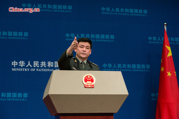 Col. Ren Guoqiang, spokesperson of the Chinese Ministry of National Defense, takes questions from media at a routine press conference on Feb. 23, 2017. [Photo by Chen Boyuan / China.org.cn]
