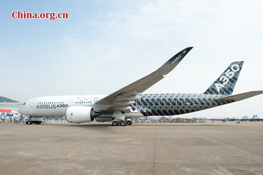Airbus has sent an A350 XWB test aircraft to attend the 11th China International Aviation and Aerospace Exhibition (Airshow China 2016) held in Zhuhai, Guangdong Province from Nov. 1-6. The A350 will participate in stationary and flight displays. [Photo by Chen Boyuan / China.org.cn] 