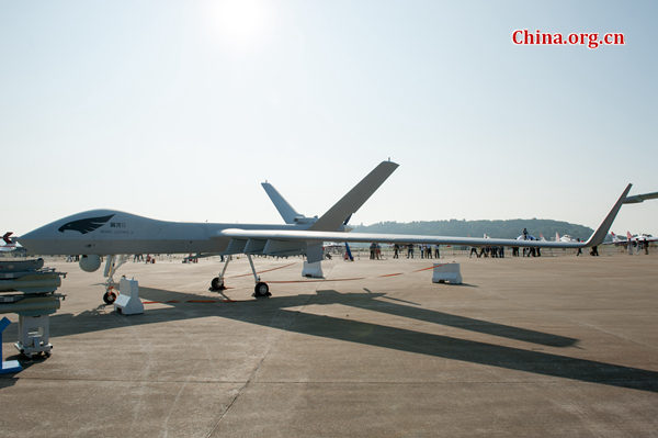 A Wing-Loong II, the new reconnaissance and strike multi-role endurance Unmanned Aircraft System (UAS), is on static display at the 2016 China Int'l Airshow in Zhuhai on Nov. 2, 2016. [File photo by Chen Boyuan / China.org.cn]