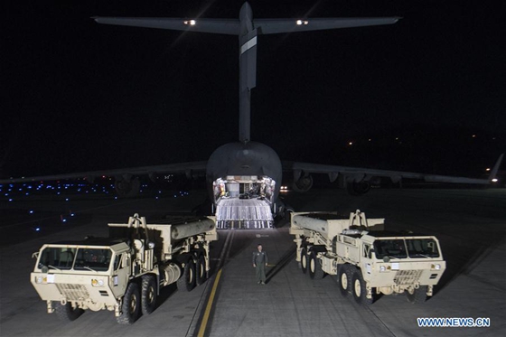 Photo taken on March 6, 2017 shows a part of Terminal High Altitude Area Defense (THAAD) battery arriving in South Korea. The photo was provided by the U.S. Forces Korea (USFK). [Photo/Xinhua]