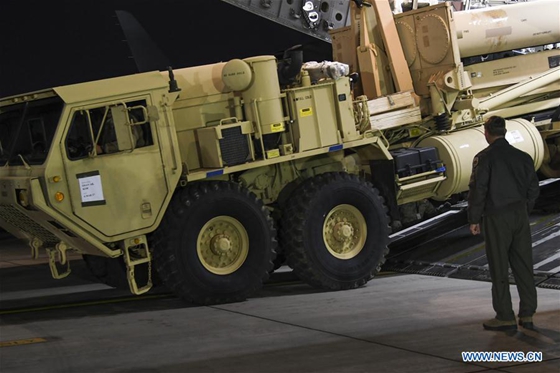 Photo taken on March 6, 2017 shows a part of equipments for Terminal High Altitude Area Defense (THAAD) arriving in the Osan Air Base, about 70 km south of the capital Seoul, South Korea. The photo was provided by the U.S. Forces Korea (USFK). [Photo/Xinhua] 