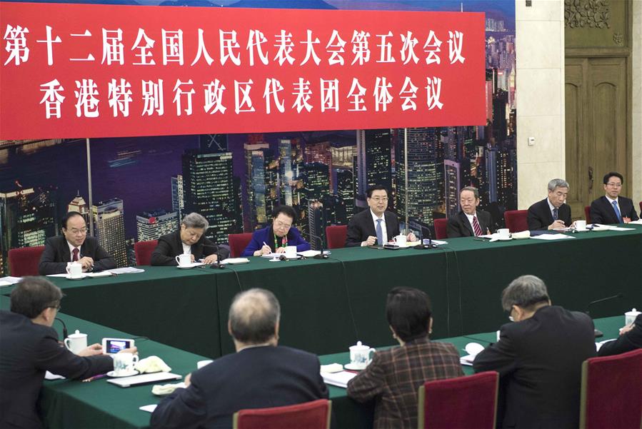 Zhang Dejiang, chairman of the Standing Committee of China's National People's Congress (NPC), joins a panel discussion with deputies to the 12th NPC from Hong Kong Special Administrative Region at the annual session of the NPC in Beijing, capital of China, March 6, 2017. (Xinhua/Li Tao)