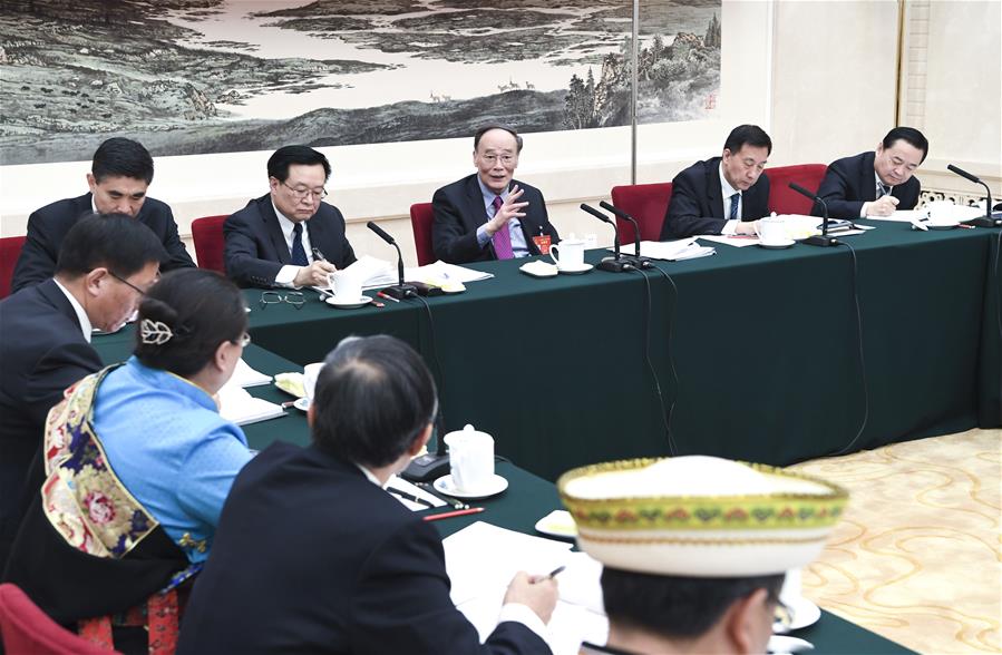 Wang Qishan, a member of the Standing Committee of the Political Bureau of the Communist Party of China (CPC) Central Committee, joins a panel discussion with deputies to the 12th National People's Congress (NPC) from Qinghai Province at the annual session of the NPC in Beijing, capital of China, March 6, 2017. (Xinhua/Zhang Ling)