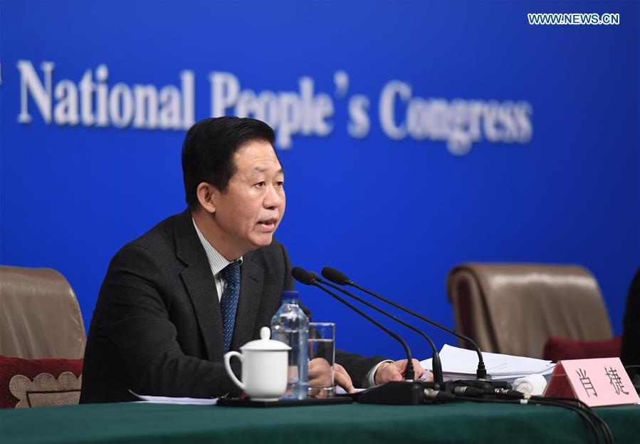 Chinese Minister of Finance Xiao Jie answers questions on reform of fiscal and taxation system and financial work at a press conference for the fifth session of the 12th National People's Congress in Beijing, capital of China, March 7, 2017. (Xinhua/Chen Yehua) 
