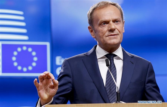 European Council President Donald Tusk speaks during a press statement after receiving a letter signed by British Prime Minister Theresa May at European Council in Brussels, Belgium, March 29, 2017. [Photo/Xinhua]