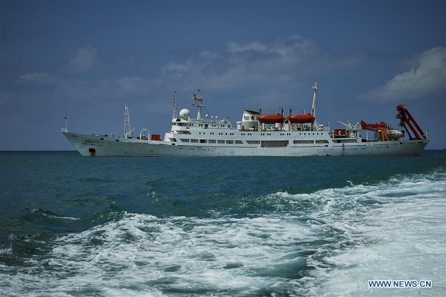 'Xiangyanghong 09', carrier of China's manned deep-sea submersible Jiaolong, is seen in Sanya, south China's Hainan Province, April 8, 2017. The crew of China's 38th ocean scientific expedition returned to Sanya, Hainan Province, south China, Wednesday. The 59-day trip marks the conclusion of the first stage of a 124-day mission. [Photo/Xinhua]