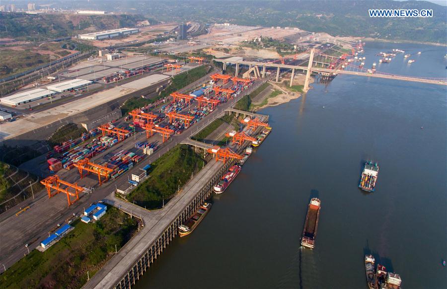 Aerial photo of Guoyuan port, connected to railway in Chongqing