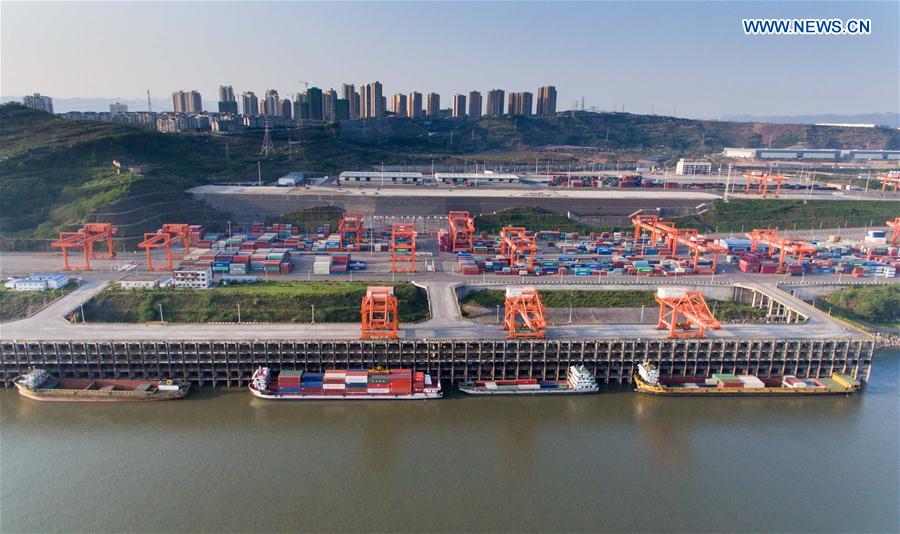 Aerial photo of Guoyuan port, connected to railway in Chongqing