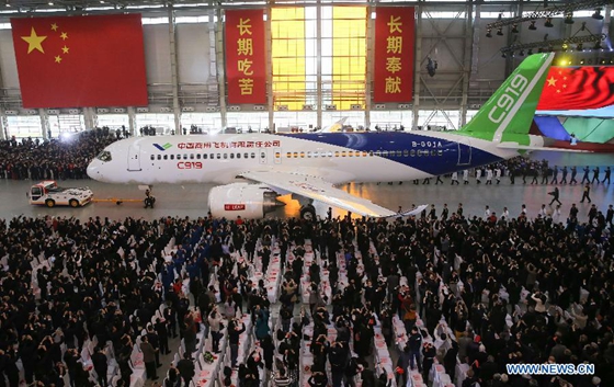 Photo taken on Nov. 2, 2015 shows the C919, China's first homemade large passenger aircraft, at a plant of Commercial Aircraft Corporation of China, Ltd. (COMAC), in Shanghai, east China. [Photo/Xinhua] 