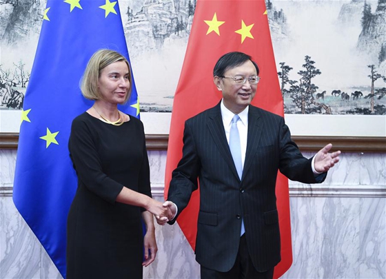 Chinese State Councilor Yang Jiechi co-chairs the seventh China-EU high-level strategic dialogue with EU high representative for foreign affairs and vice president of the European Commission Federica Mogherini in Beijing, China, April 19, 2017. [Photo/Xinhua]