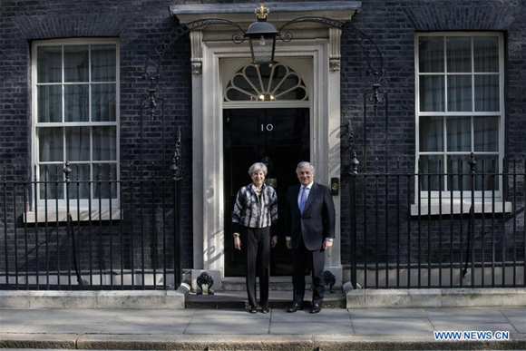 British Prime Minister Theresa May (L) meets with President of the European Parliament Antonio Tajani at 10 Downing Street in London, Britain on April 20, 2017. (Xinhua/Tim Ireland)