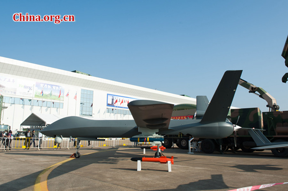 A CH-5 (Rainbow-5) unmanned aerial vehicle, armed with its weapons, is on stationary display at the 11th China International Aviation and Aerospace Exhibition (Airshow China 2016) held in Zhuhai, Guangdong Province. [File Photo by Chen Boyuan / China.org.cn] 