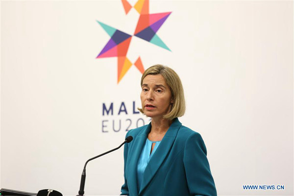 EU foreign policy chief Federica Mogherini addresses the press conference following the informal meeting of EU Defense Ministers in Valletta, Malta on April 27, 2017. Defense is one of the fields where EU integration is advancing the most, EU foreign policy chief Federica Mogherini said Thursday at the informal meeting of EU Defense Ministers in Malta. (Xinhua/Yun Yuan)