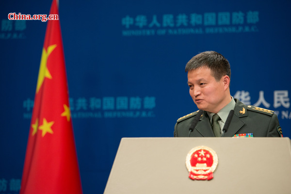 Senior Colonel Yang Yujun, spokesperson for China's Ministry of National Defense (MOD), takes questions at a routine press briefing on April 27, 2017. [Photo by Chen Boyuan / China.org.cn]