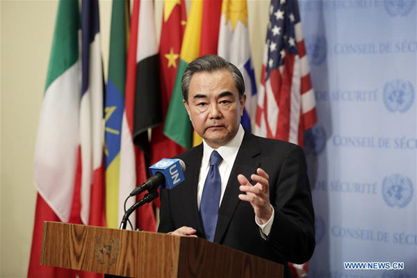 Chinese Foreign Minister Wang Yi speaks to journalists prior to a ministerial meeting of the UN Security Council on the nuclear issue of the Korean Peninsular, at the UN headquarters in New York April 28, 2017. (Xinhua/Li Muzi) 