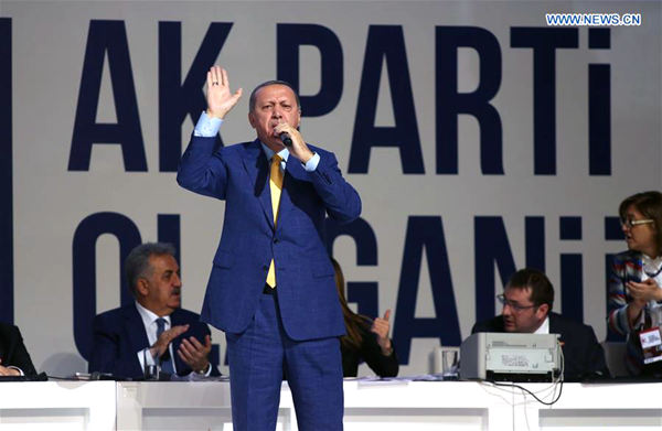 Turkish President Tayyip Erdogan delivers a speech during the Extraordinary Congress of the ruling AKP in Ankara, Turkey, May 21, 2017. (Xinhua/Mustafa Kaya)