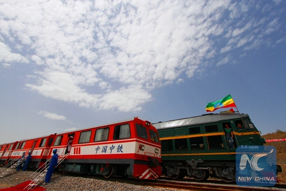 Locomotives run test on the Sebeta-Mieso project, a section of the first phase of Ethiopia National Railway Network. The Sebeta/Addis Ababa-Adama-Mieso railway is a section of Ethiopia's key railway project of the Addis Ababa-Djibouti railway built by the China Railway Group (CREC). [Photo/Xinhua]