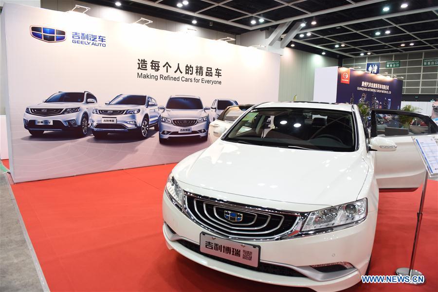 Geely Emgrand GT is seen at the Hong Kong International Auto Show 2017 in Hong Kong Convention and Exhibition Center in Hong Kong, south China, May 26, 2017. The 3-day auto show started on Friday. (Xinhua/Qin Qing)