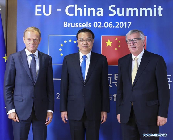 Chinese Premier Li Keqiang (C), European Council President Donald Tusk (L) and European Commission President Jean-Claude Juncker co-chair the 19th China-EU leaders' meeting in Brussels, Belgium, June 2, 2017. [Photo/Xinhua]