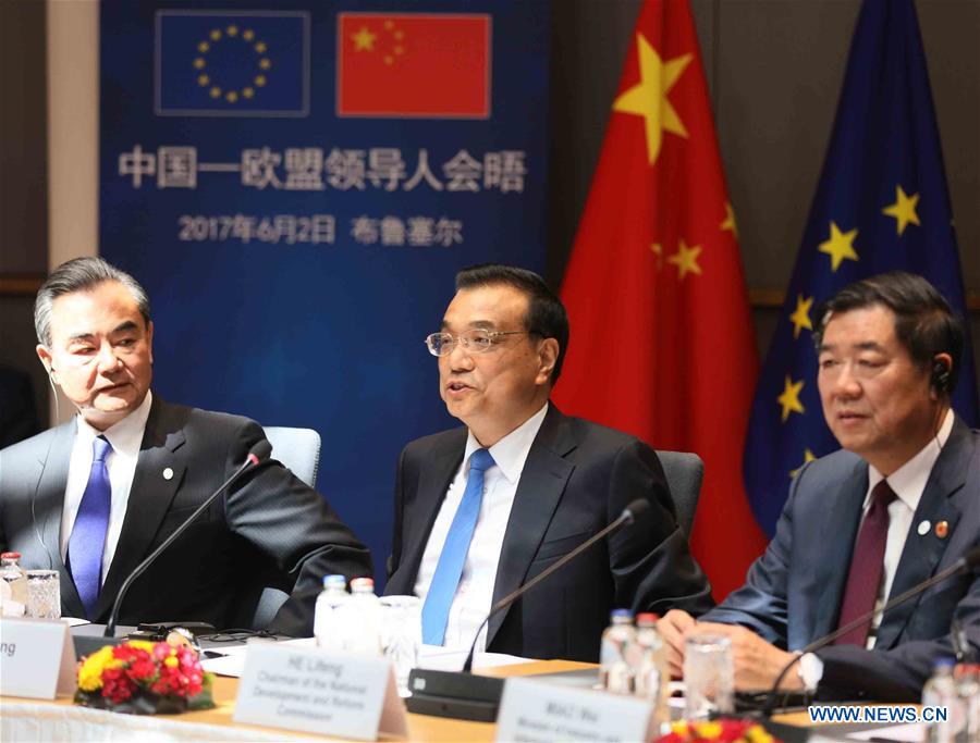 Chinese Premier Li Keqiang (C) attends the 19th China-EU leaders' meeting in Brussels, Belgium, June 2, 2017. [Photo/Xinhua]