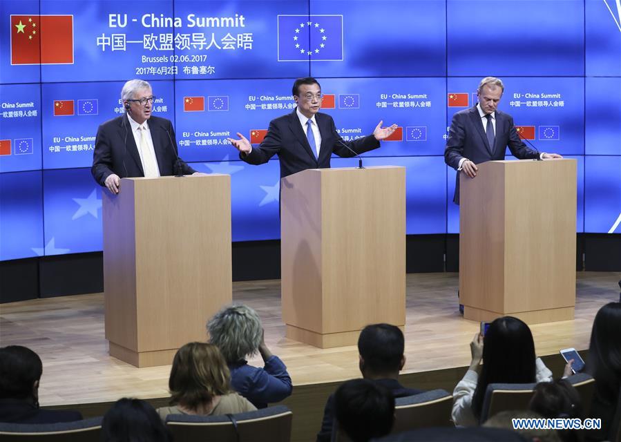 Chinese Premier Li Keqiang, European Council President Donald Tusk and European Commission President Jean-Claude Juncker attend a press conference in Brussels, Belgium, June 2, 2017. [Photo/Xinhua]