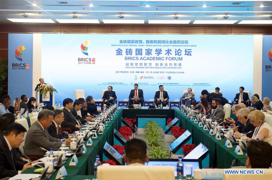 Representatives take part in the BRICS Academic Forum in Fuzhou, capital of southeast China&apos;s Fujian Province, June 10, 2017. Representatives of political parties, think-tanks and non-governmental organizations from BRICS countries took part in the BRICS Political Parties, Think-tanks and Civil Society Organizations Forum here on Saturday. (Xinhua/Jiang Kehong) 