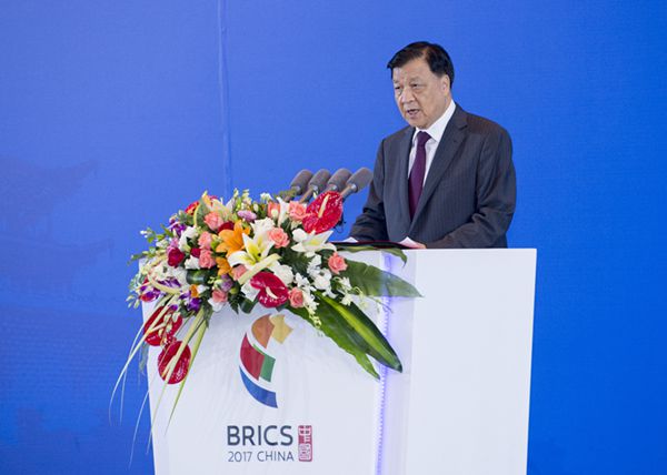 Liu Yunshan, a member of the Standing Committee of the Political Bureau of the Communist Party of China (CPC) Central Committee, addresses the opening ceremony of the BRICS Political Parties, Think-tanks and Civil Society Organizations Forum held in Fuzhou, capital of southeast China's Fujian Province, June 11, 2017. 