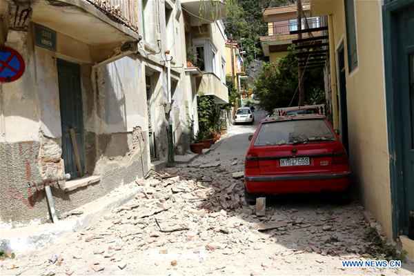Photo taken on June 12, 2017 shows shattered rubble on the ground after an earthquake in Lesvos Island, Greece. (Xinhua/Vasitis Roubos)