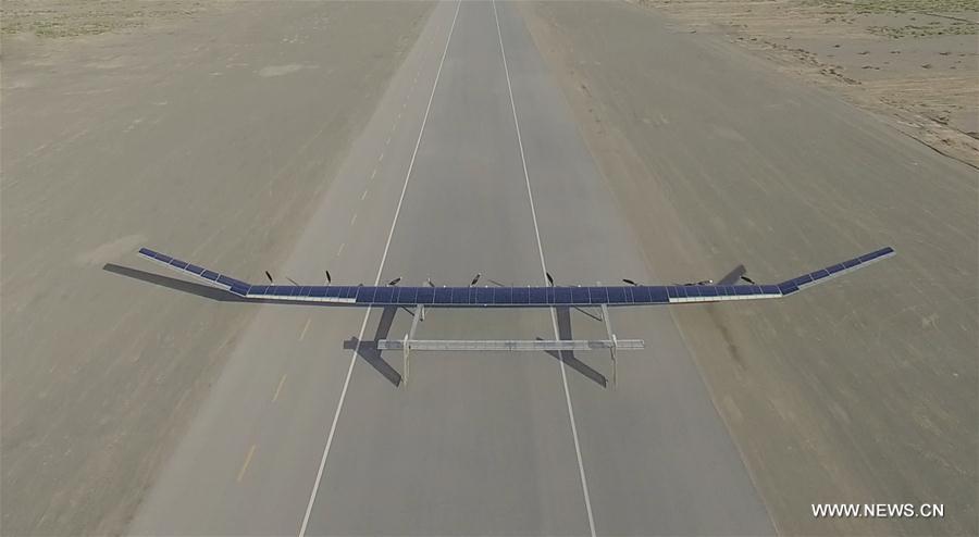Photo taken on May 24, 2017 shows a solar drone on its test flight. China has successfully tested near-space flight of its largest solar drone. With a wingspan of 45 meters, the solar-powered drone is capable of flying at an altitude of 20 to 30 kilometers, and cruising at a speed of 150 to 200 km per hour for a long time. The unmanned aerial vehicle will be used mostly for airborne early warning, aerial reconnaissance, disaster monitoring, meteorological observation and communications relay. (Xinhua) 