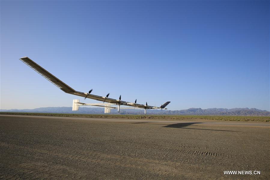 Photo taken on May 24, 2017 shows a solar drone on its test flight. China has successfully tested near-space flight of its largest solar drone. With a wingspan of 45 meters, the solar-powered drone is capable of flying at an altitude of 20 to 30 kilometers, and cruising at a speed of 150 to 200 km per hour for a long time. The unmanned aerial vehicle will be used mostly for airborne early warning, aerial reconnaissance, disaster monitoring, meteorological observation and communications relay. (Xinhua) 