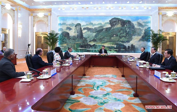 Chinese President Xi Jinping (4th R) meets with the heads of delegations from Brazil, Russia, India and South Africa who are in Beijing to attend the BRICS foreign ministers' meeting in Beijing, capital of China, June 19, 2017. [Photo/Xinhua]