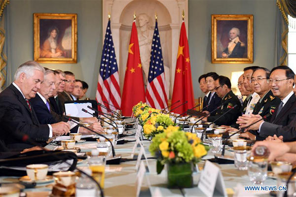 Chinese State Councilor Yang Jiechi (1st R) co-chairs a diplomatic and security dialogue with U.S. Secretary of State Rex Tillerson (1st L) and Secretary of Defense James Mattis (2nd L) as Fang Fenghui (2nd R), a member of China's Central Military Commission (CMC) and chief of the CMC Joint Staff Department, also participates in the dialogue in Washington D.C., the United States, on June 21, 2017. (Xinhua/Yin bogu)