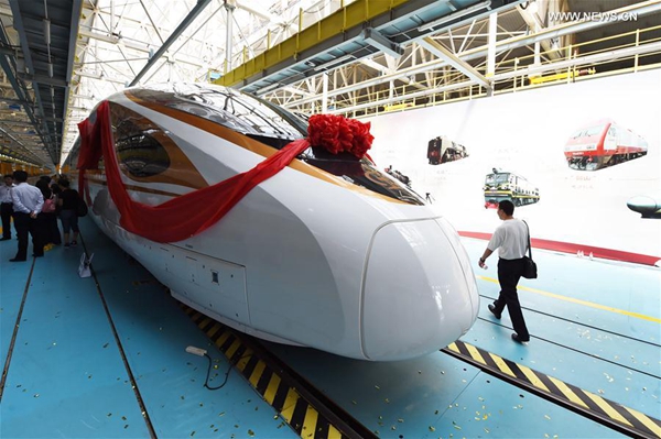 Photo taken on June 25, 2017 shows the CR400BF model of China's new electric multiple unit (EMU) train 'Fuxing' in Beijing, capital of China. China holds complete intellectual property rights of 'Fuxing' high speed trains. Two new 'Fuxing' trains will debut on Beijing-Shanghai high speed railway line on June 26, 2017 in Beijing and Shanghai at the same time. [Photo/Xinhua]