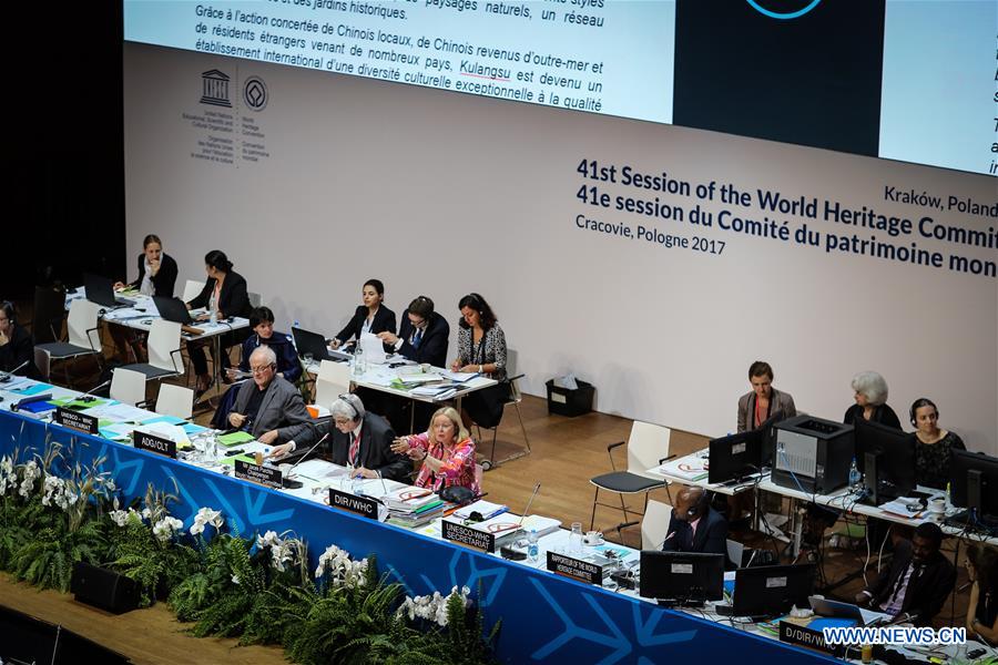 Photo taken on July 8, 2017 shows the session of the World Heritage Committee in Krakow, Poland. The 41st session of the World Heritage Committee on Saturday decided to put China's Gulangyu historic international settlement on the prestigious World Heritage List as a cultural site. So far, China has 52 sites inscribed to the List. (Xinhua/Chen Xu)
